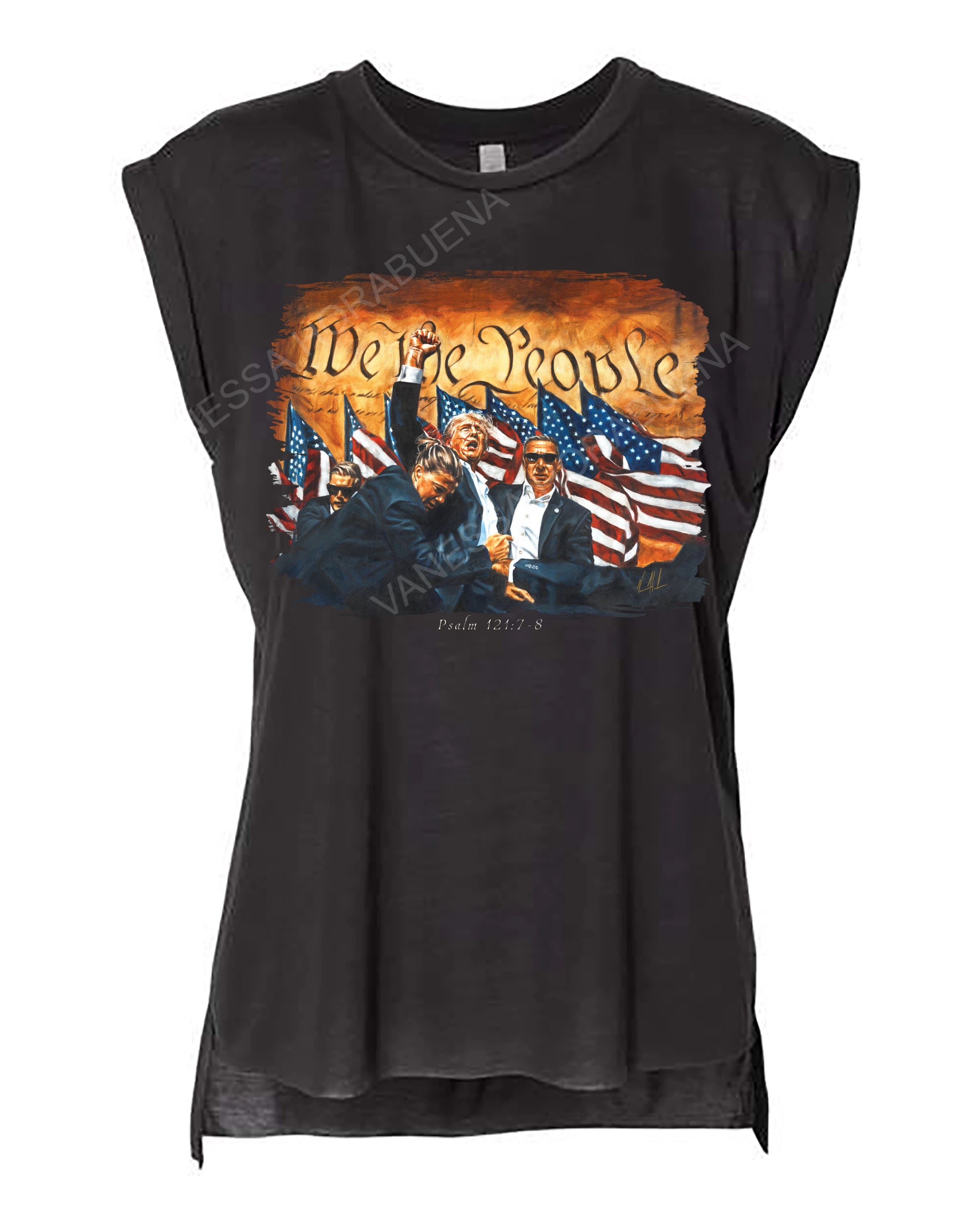 Fight For America - Ladies Rolled Sleeve Muscle T-Shirt Poly-Blend Vanessa Horabuena Black Small
