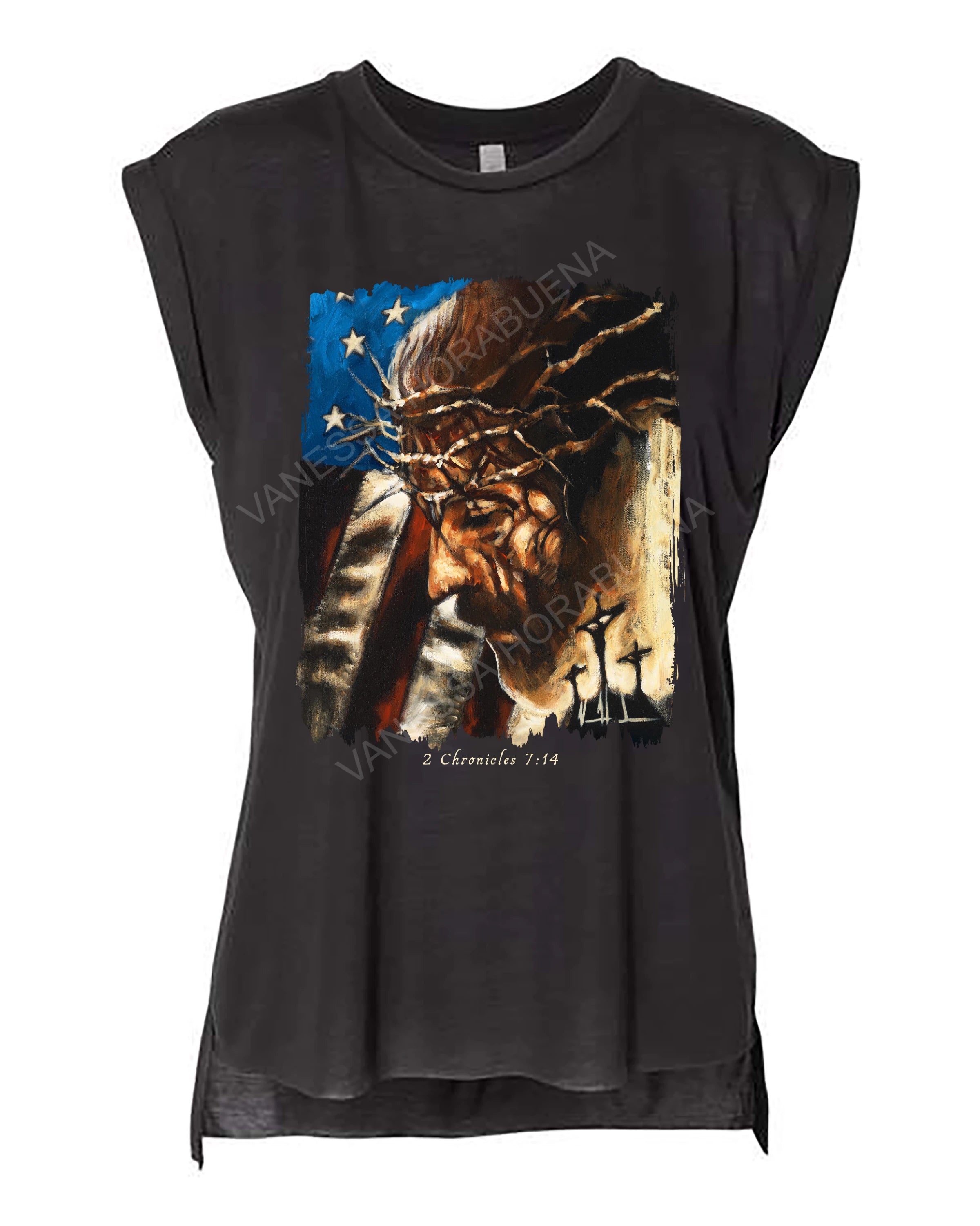 One Nation Under God - Ladies Rolled Sleeve Muscle T-Shirt Poly-Blend Vanessa Horabuena Black Small