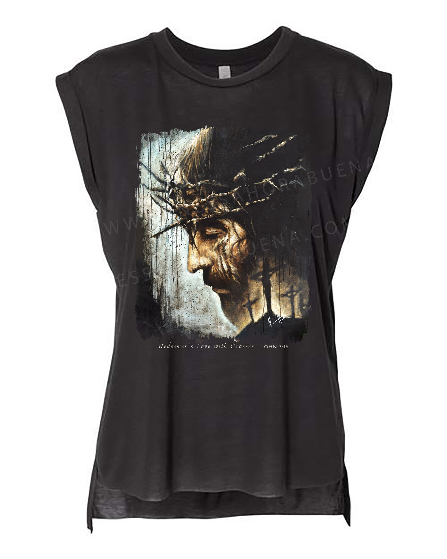 Redeemer's Love with Crosses - Ladies Rolled Sleeve Muscle T-Shirt Poly-Blend Vanessa Horabuena Black Small