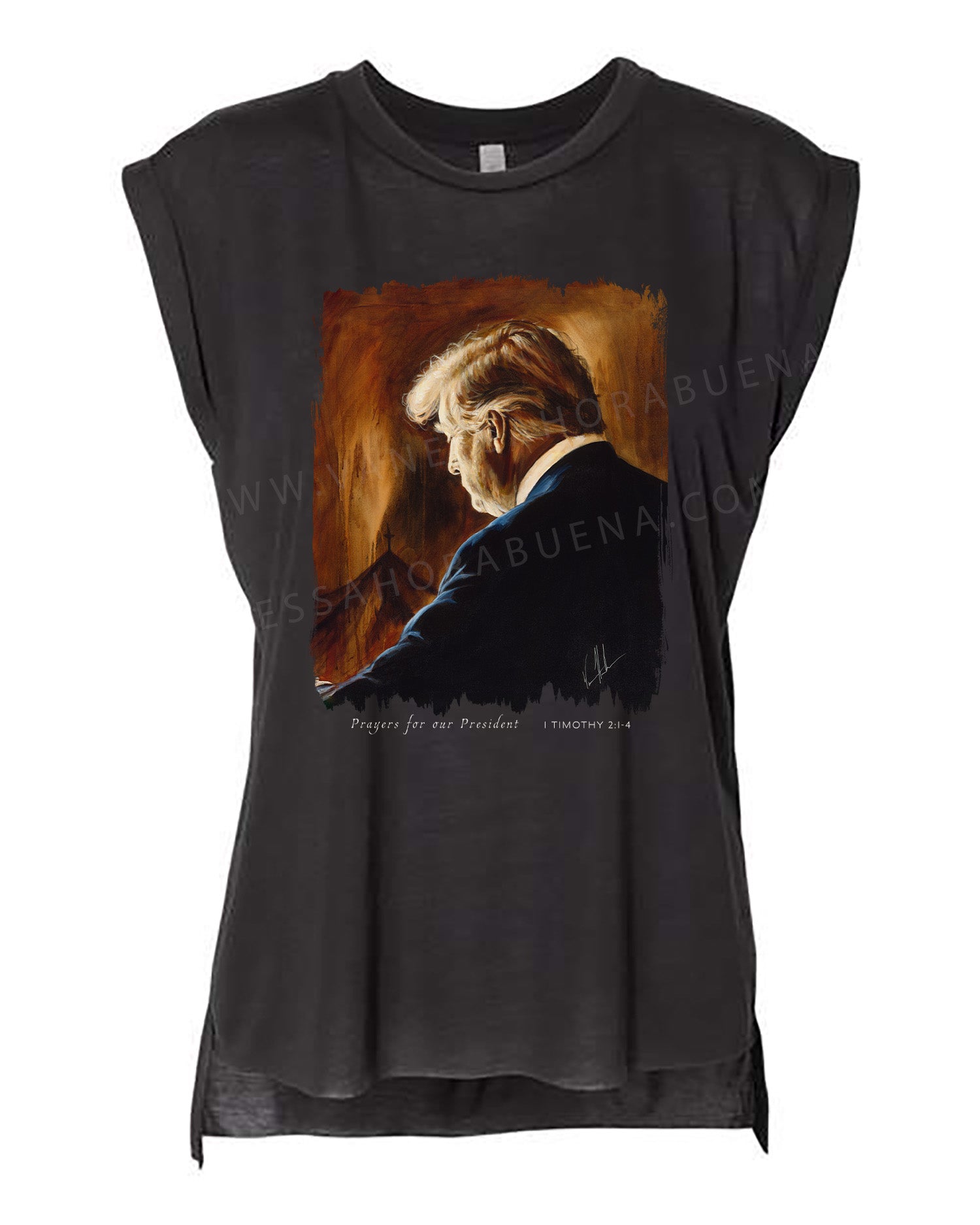 Prayers for Our President (For Such a Time as This) - Ladies Rolled Sleeve Muscle T-Shirt Poly-Blend Vanessa Horabuena Black Small