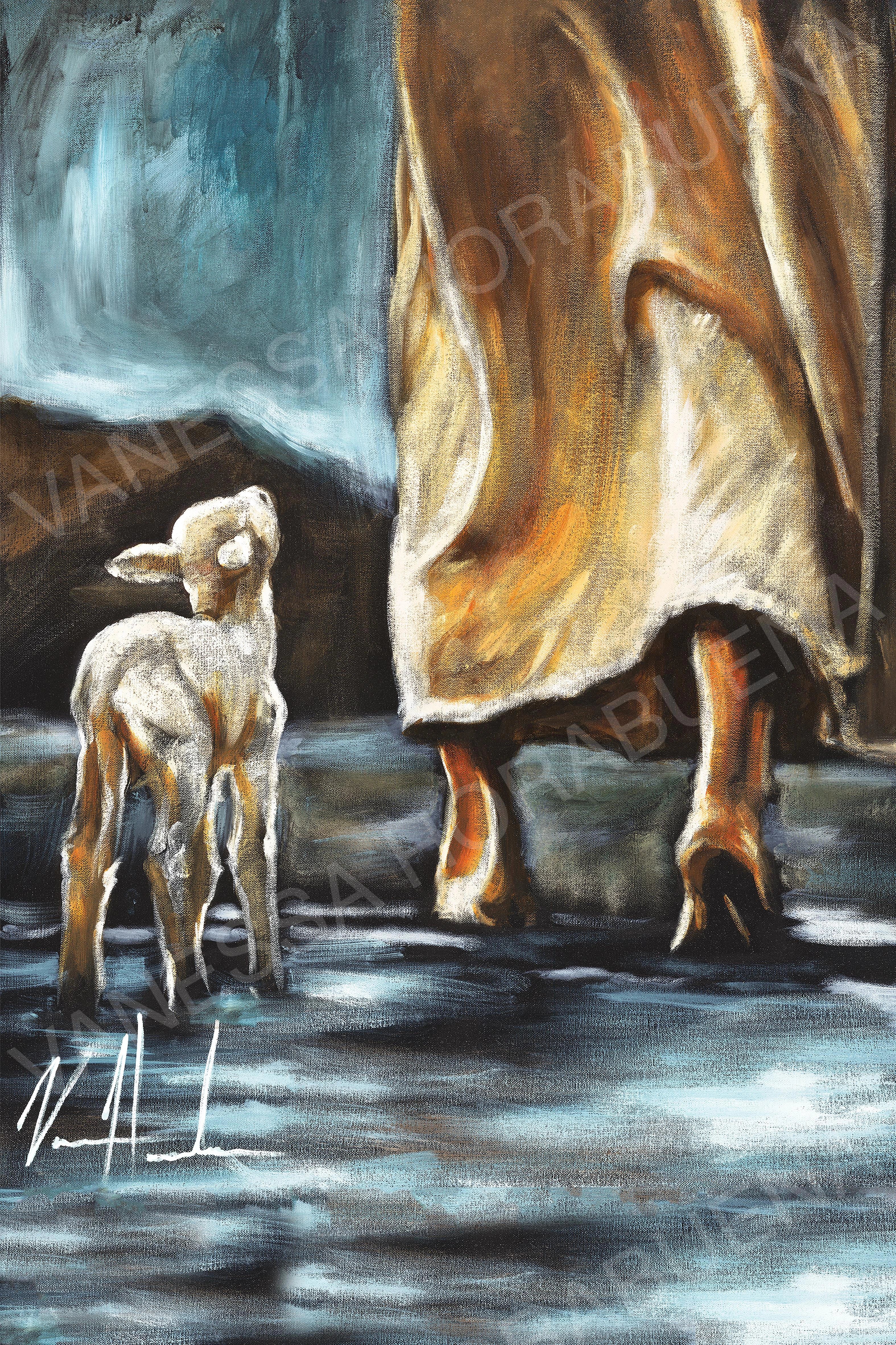 My Sheep Listen to My Voice - Postcard Lion Art Print, Jesus Art Print Vanessa Horabuena