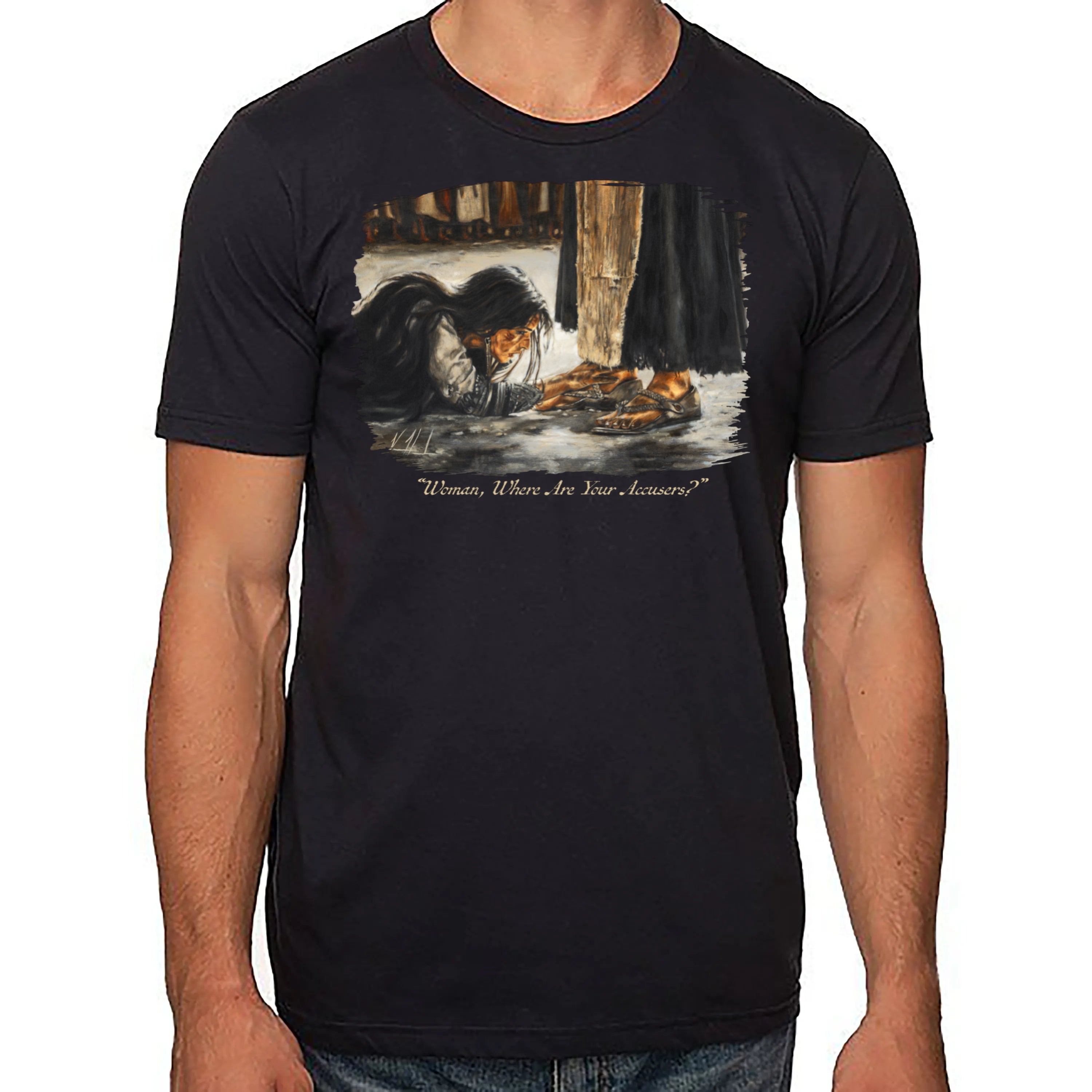 "Woman, Where Are Your Accusers?" - Unisex T (Organic Cotton) Organic Cotton Vanessa Horabuena Short Sleeve Night (Black) XS
