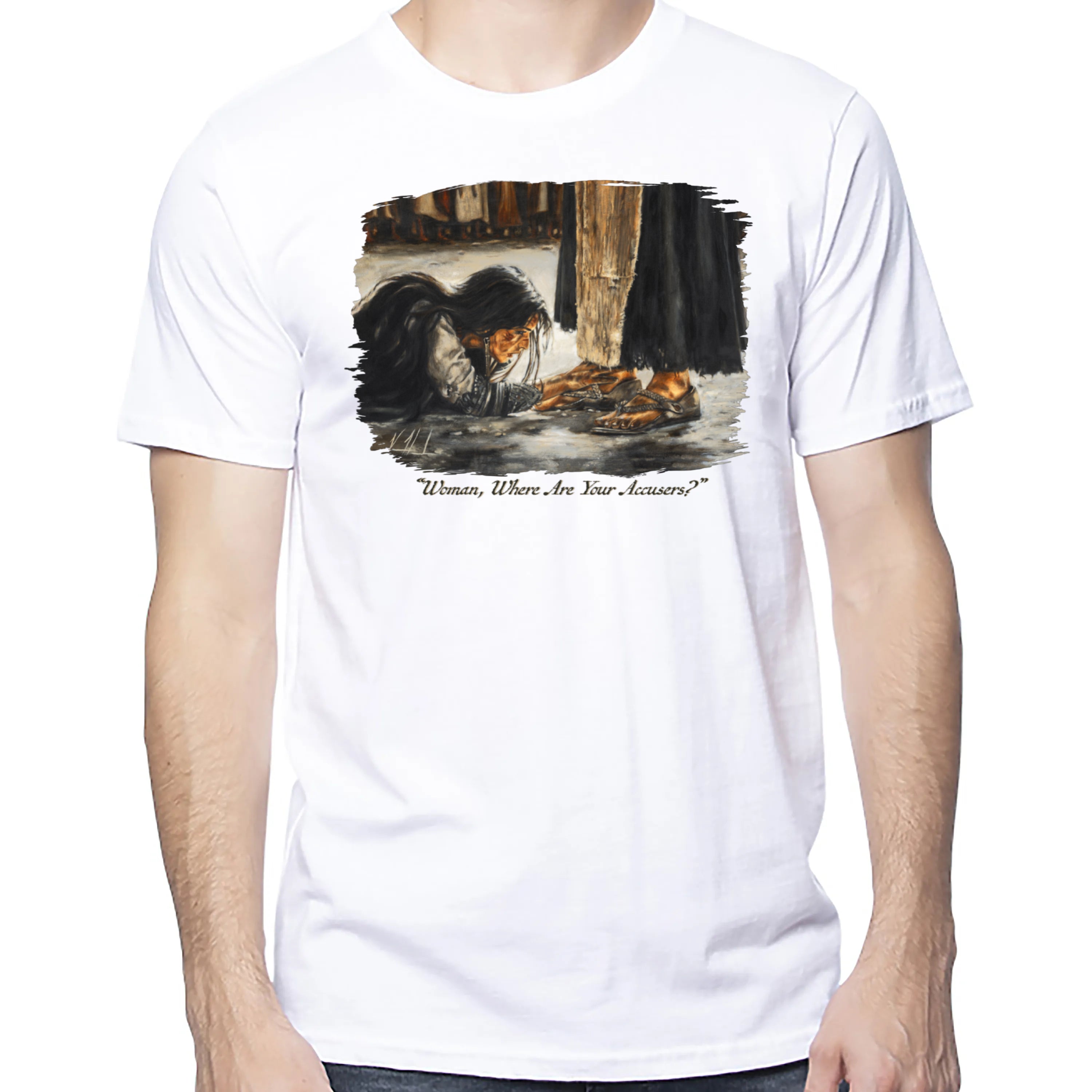 "Woman, Where Are Your Accusers?" - Unisex T (Organic Cotton) Organic Cotton Vanessa Horabuena Short Sleeve Salt (White) XS
