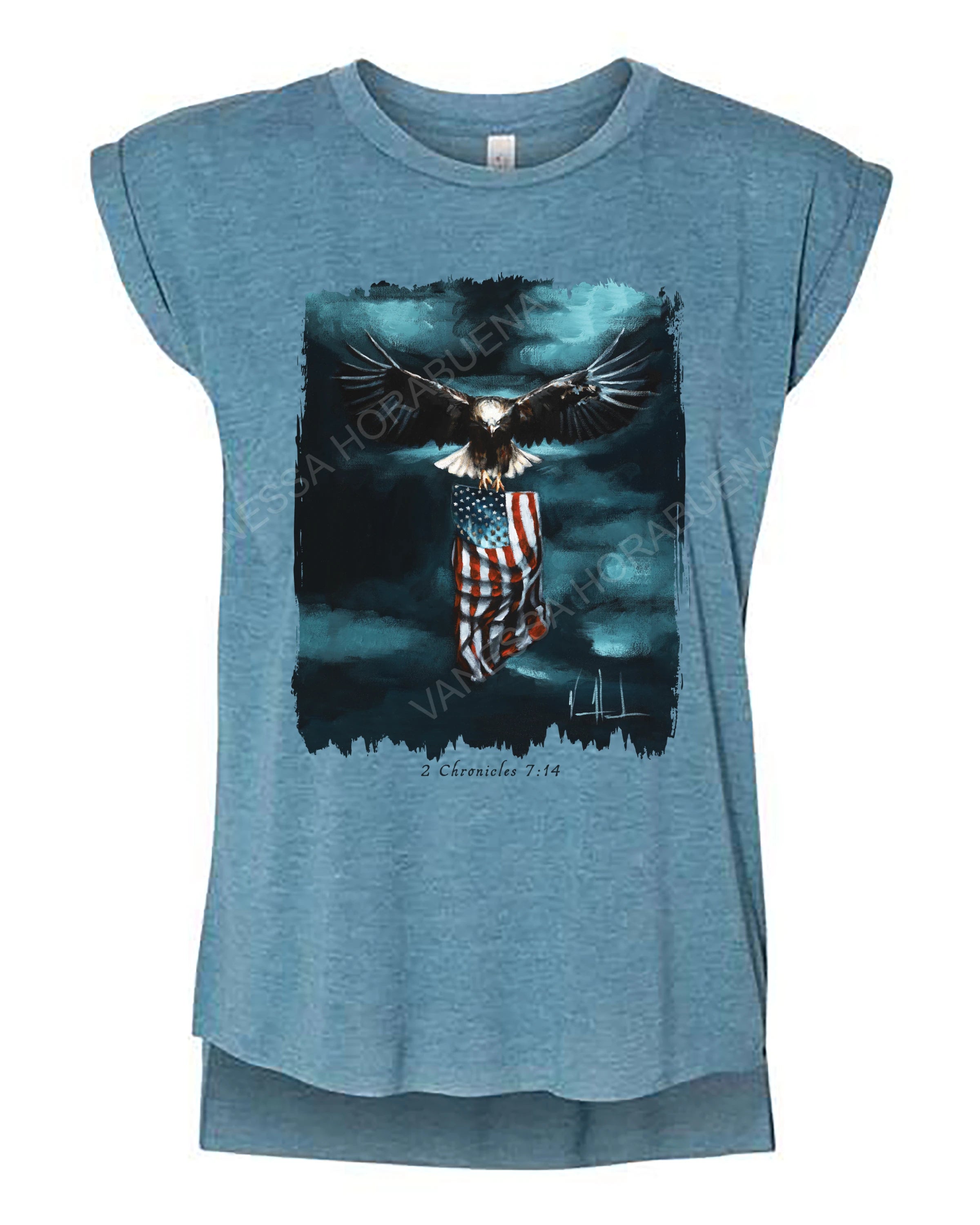 Revive Our Nation - Ladies Rolled Sleeve Muscle T-Shirt Poly-Blend Vanessa Horabuena Heather Teal Small