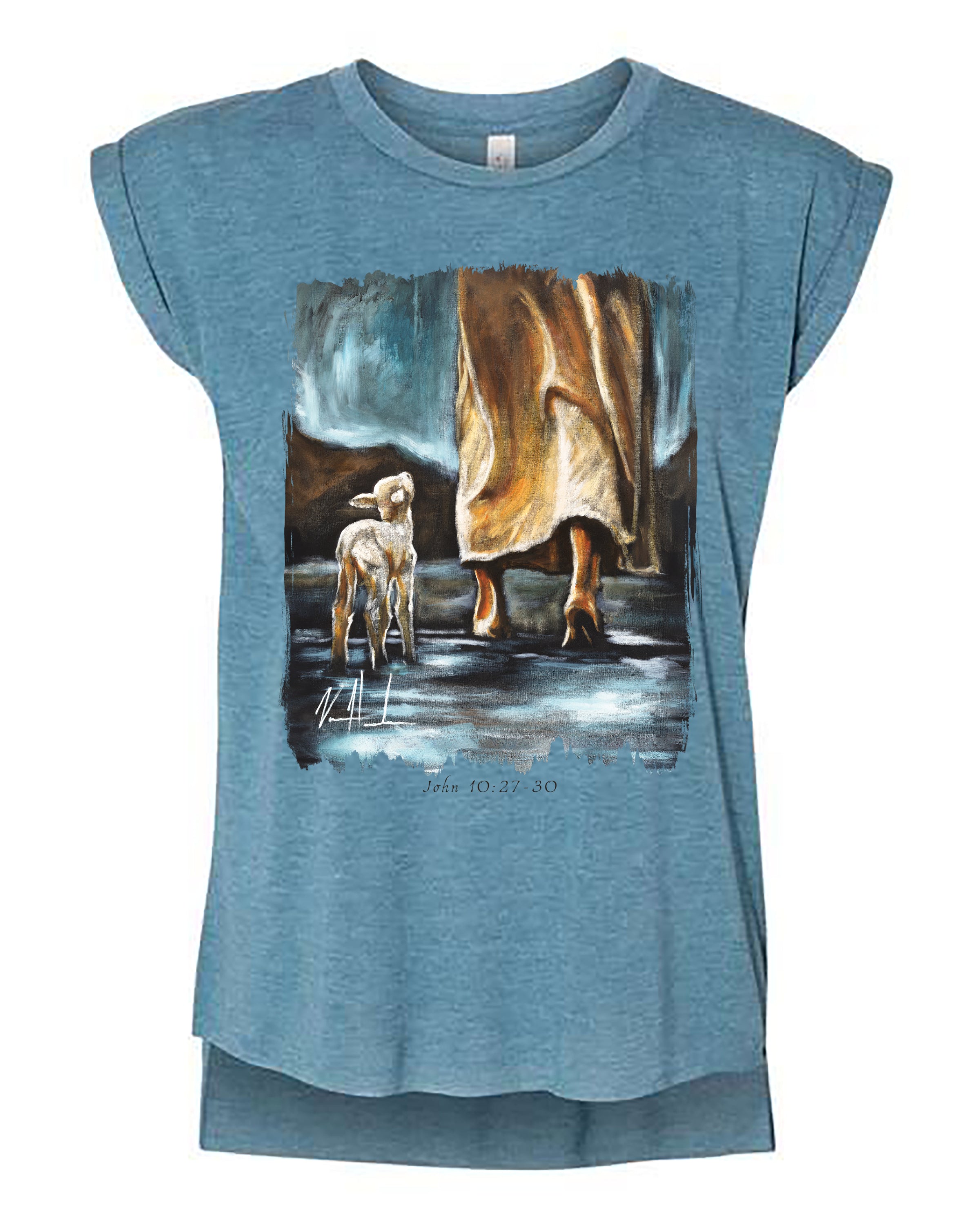 My Sheep Listen to My Voice - Ladies Rolled Sleeve Muscle T-Shirt Poly-Blend Vanessa Horabuena Heather Teal Small