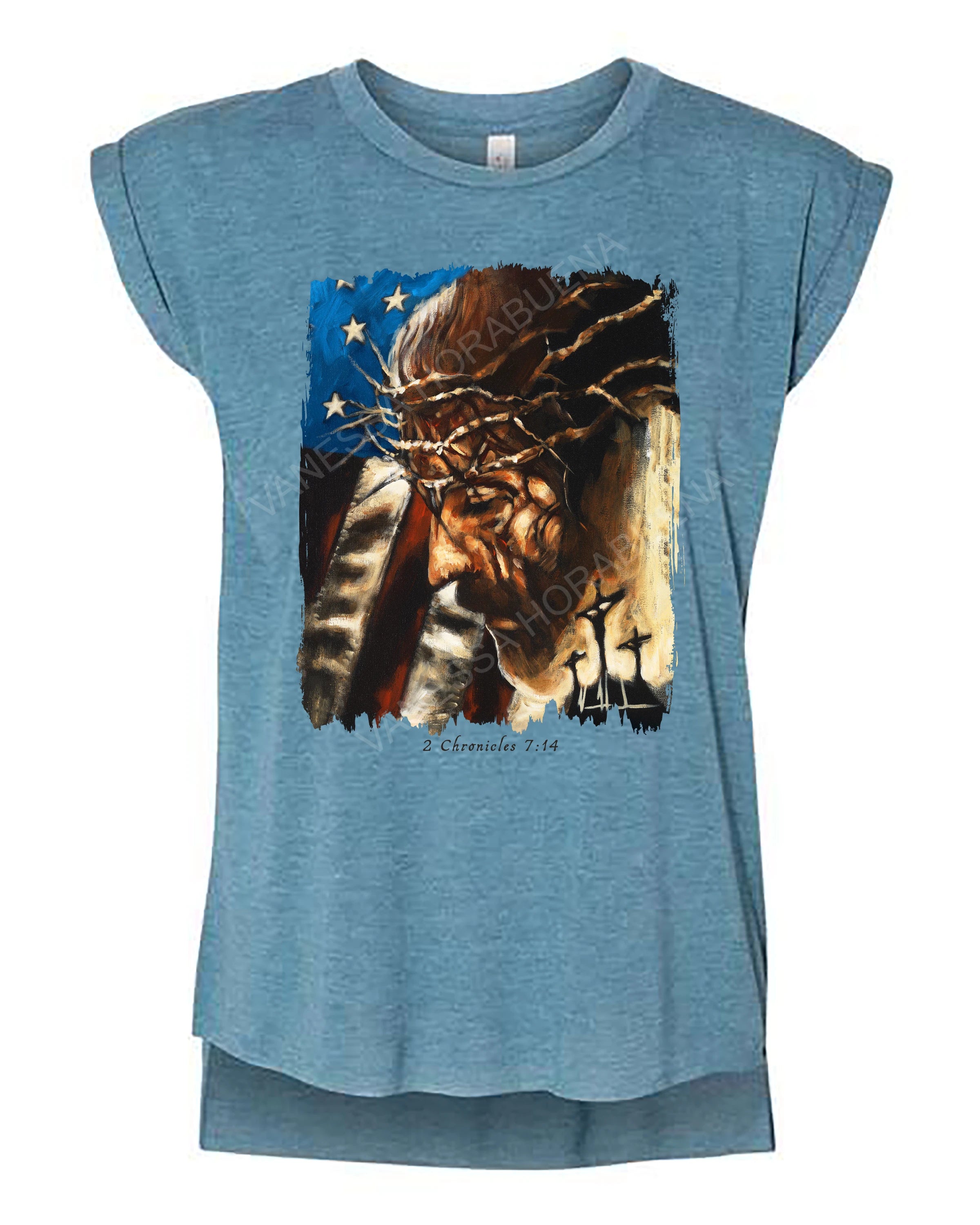One Nation Under God - Ladies Rolled Sleeve Muscle T-Shirt Poly-Blend Vanessa Horabuena Heather Teal Small