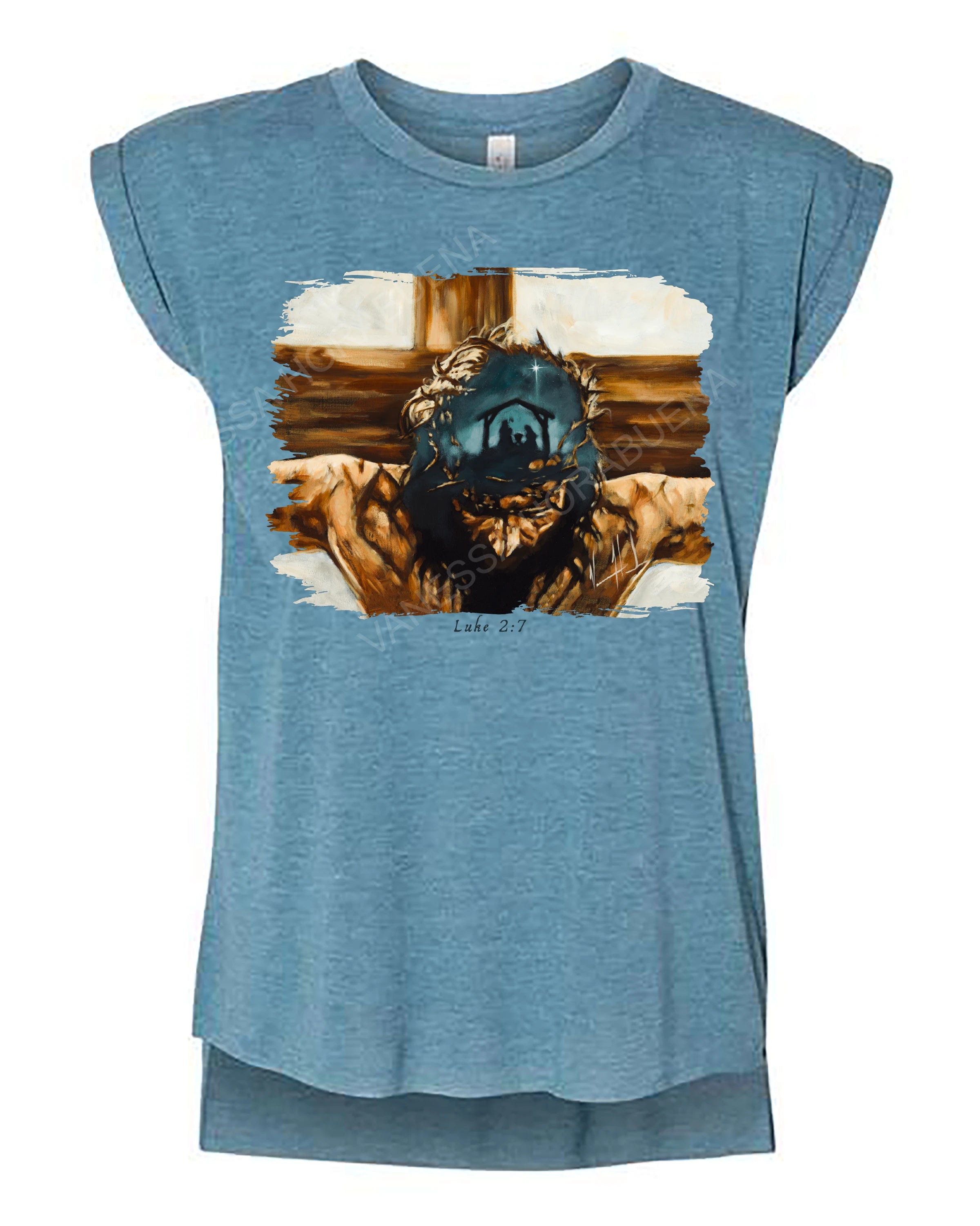 Love's True Story - Ladies Rolled Sleeve Muscle T-Shirt Poly-Blend Vanessa Horabuena Heather Teal Small