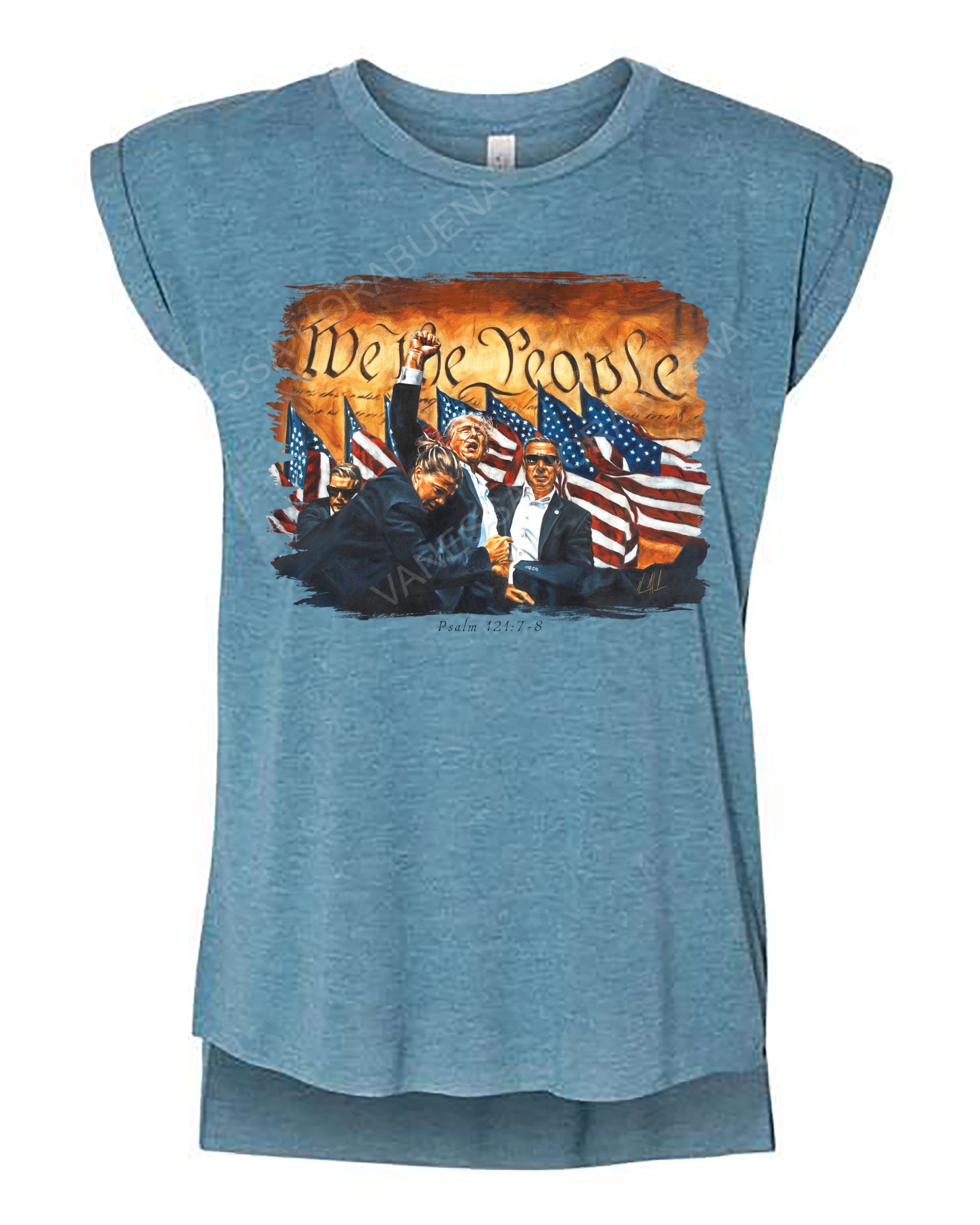 Fight For America - Ladies Rolled Sleeve Muscle T-Shirt Poly-Blend Vanessa Horabuena Heather Teal Small