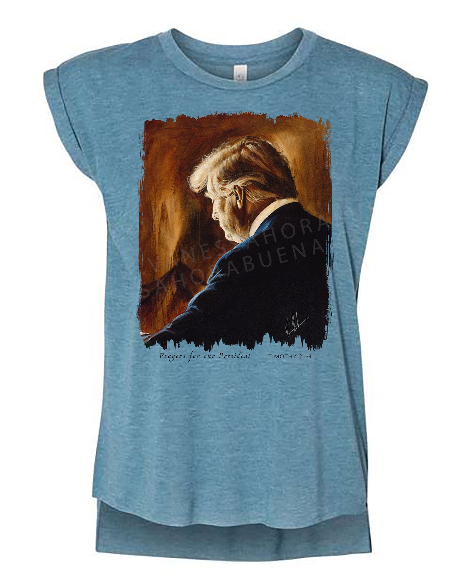 Prayers for Our President (For Such a Time as This) - Ladies Rolled Sleeve Muscle T-Shirt Poly-Blend Vanessa Horabuena Heather Teal Small
