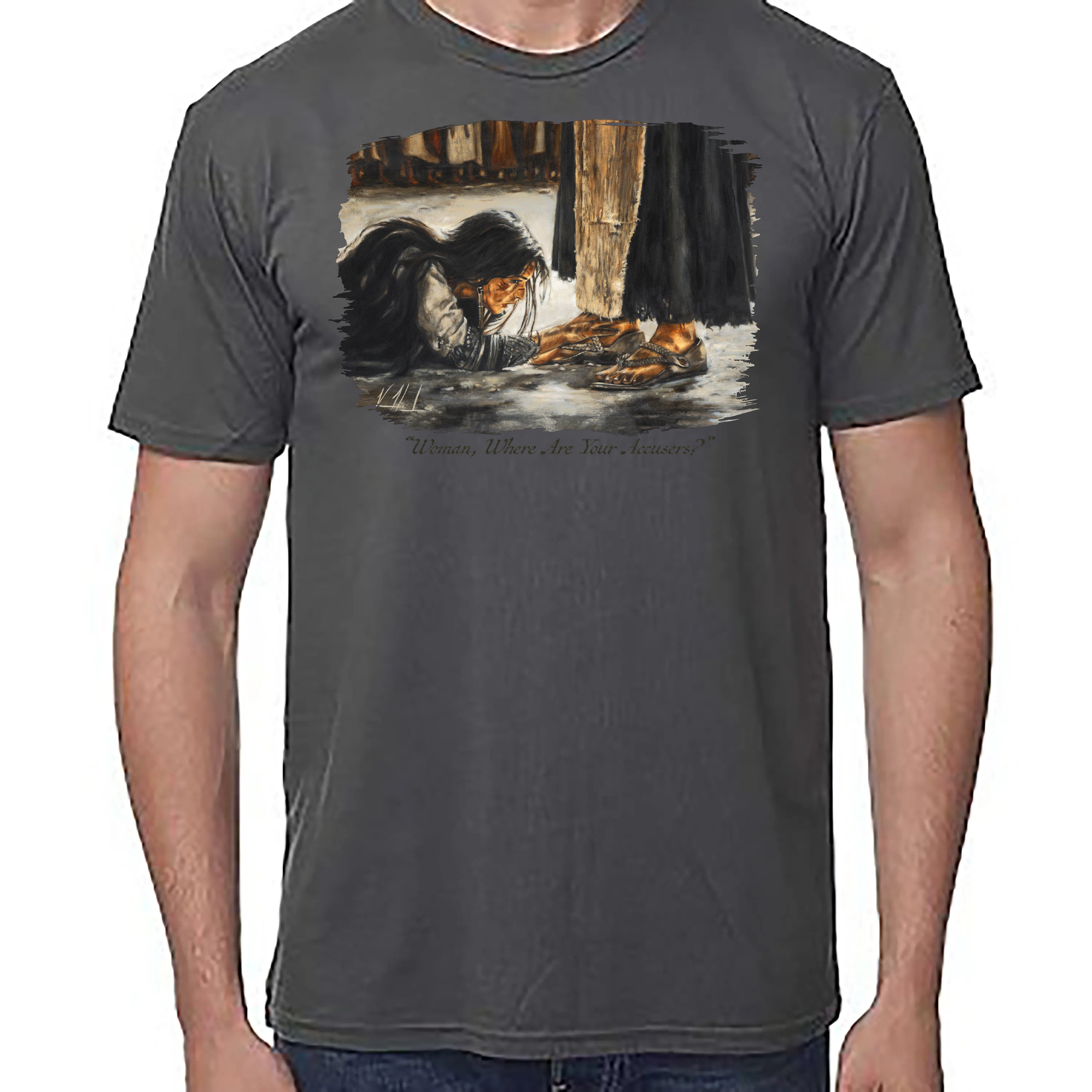 Woman, Where Are Your Accusers? - Unisex T (Premium Organic Fabric) Vanessa Horabuena Bamboo Pewter Small