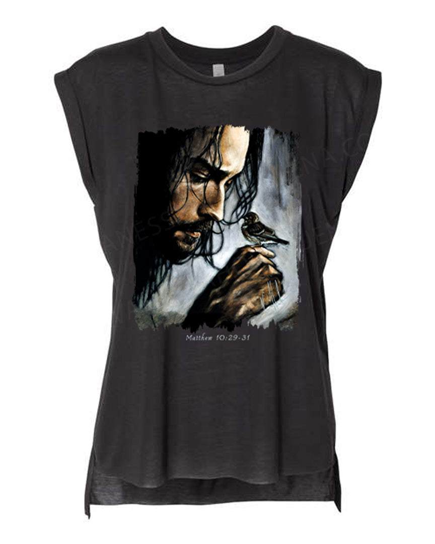 Watcher of the Sparrow - Ladies Rolled Sleeve Muscle T-Shirt Poly-Blend Vanessa Horabuena Black Small