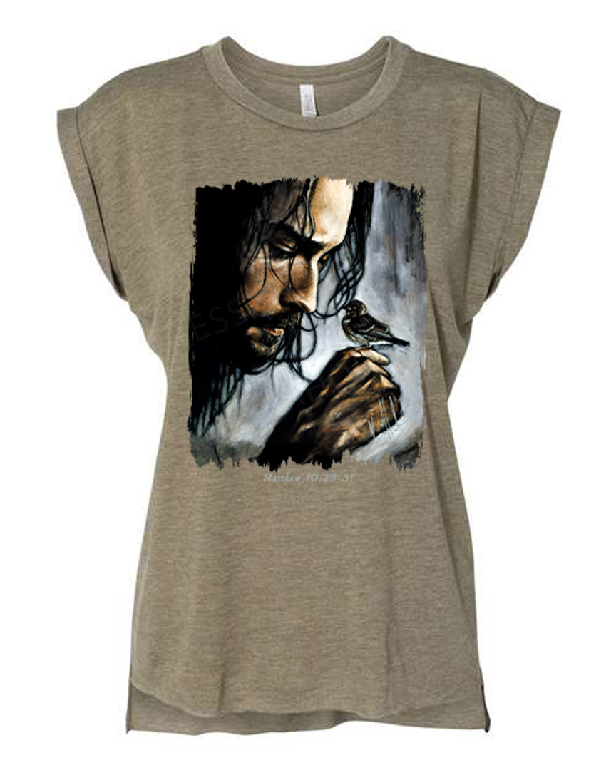 Watcher of the Sparrow - Ladies Rolled Sleeve Muscle T-Shirt Vanessa Horabuena Olive Small