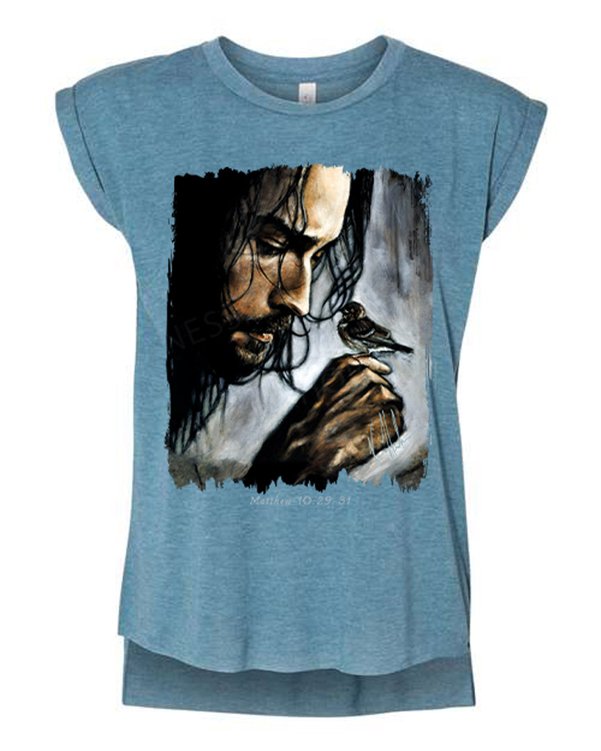 Watcher of the Sparrow - Ladies Rolled Sleeve Muscle T-Shirt Vanessa Horabuena Heather Teal Small