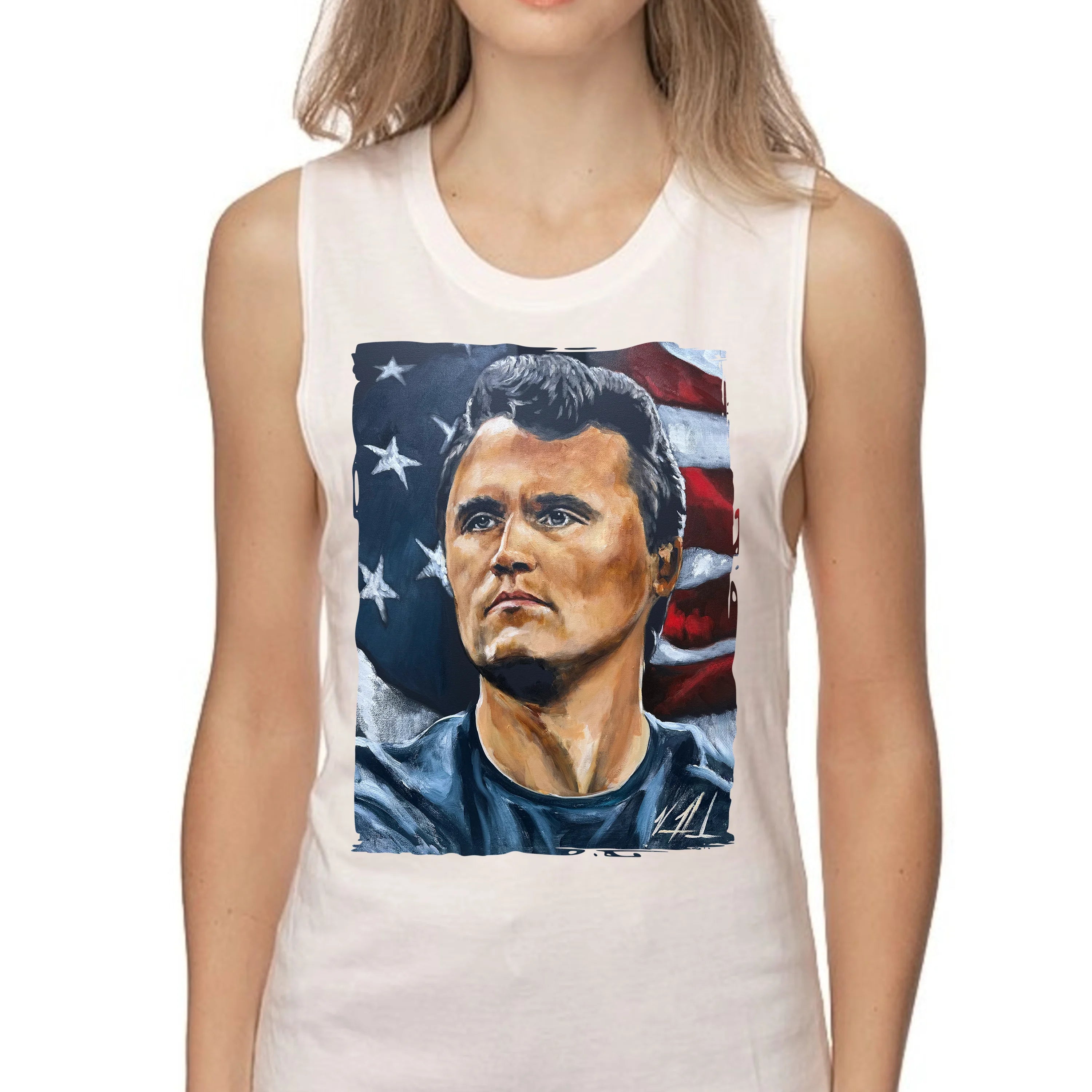(PRE-ORDER) Charlie Kirk - The American Martyr - Women's Tank Top (Organic Bamboo) Organic Bamboo Vanessa Horabuena Short Sleeve Frost (White) XS