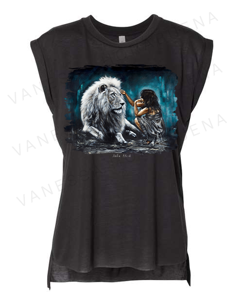 Intimacy with God (Blue Background) - Ladies Rolled Sleeve Muscle T-Shirt Poly-Blend Vanessa Horabuena Black Small