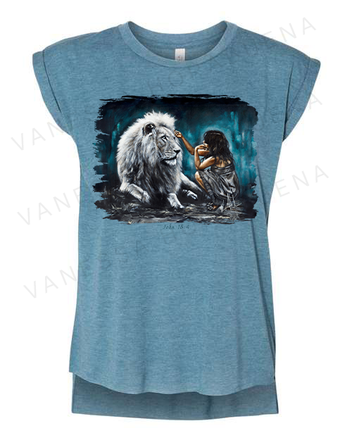Intimacy with God (Blue Background) - Ladies Rolled Sleeve Muscle T-Shirt Poly-Blend Vanessa Horabuena Heather Teal Small
