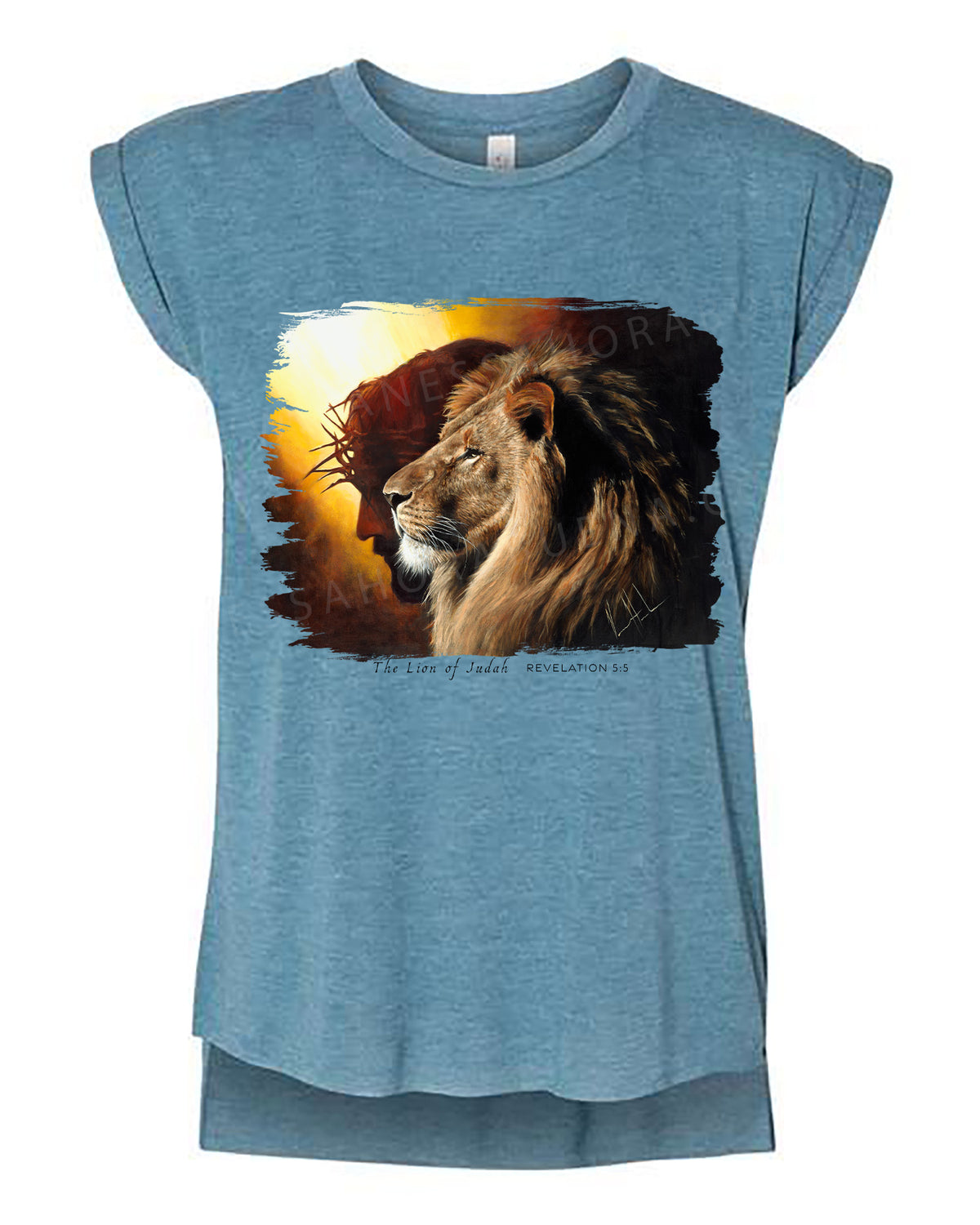 The Lion of Judah - Ladies Rolled Sleeve Muscle T-Shirt Vanessa Horabuena Heather Teal Small