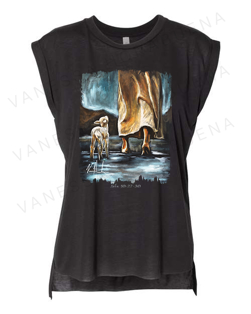 My Sheep Listen to My Voice - Ladies Rolled Sleeve Muscle T-Shirt Poly-Blend Vanessa Horabuena Black Small