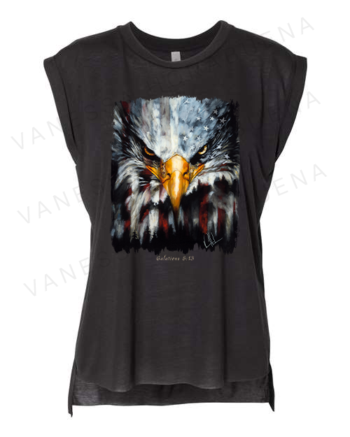 Stripes of Freedom - Ladies Rolled Sleeve Muscle T-Shirt Poly-Blend Vanessa Horabuena Black Small