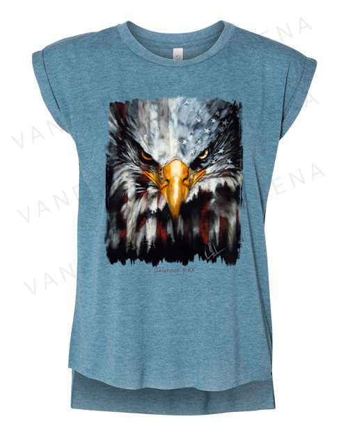 Stripes of Freedom - Ladies Rolled Sleeve Muscle T-Shirt Poly-Blend Vanessa Horabuena Heather Teal Small