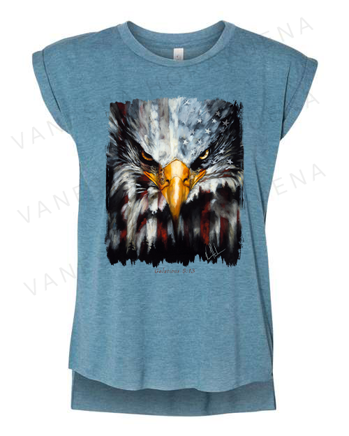 Stripes of Freedom - Ladies Rolled Sleeve Muscle T-Shirt Vanessa Horabuena Heather Teal Small