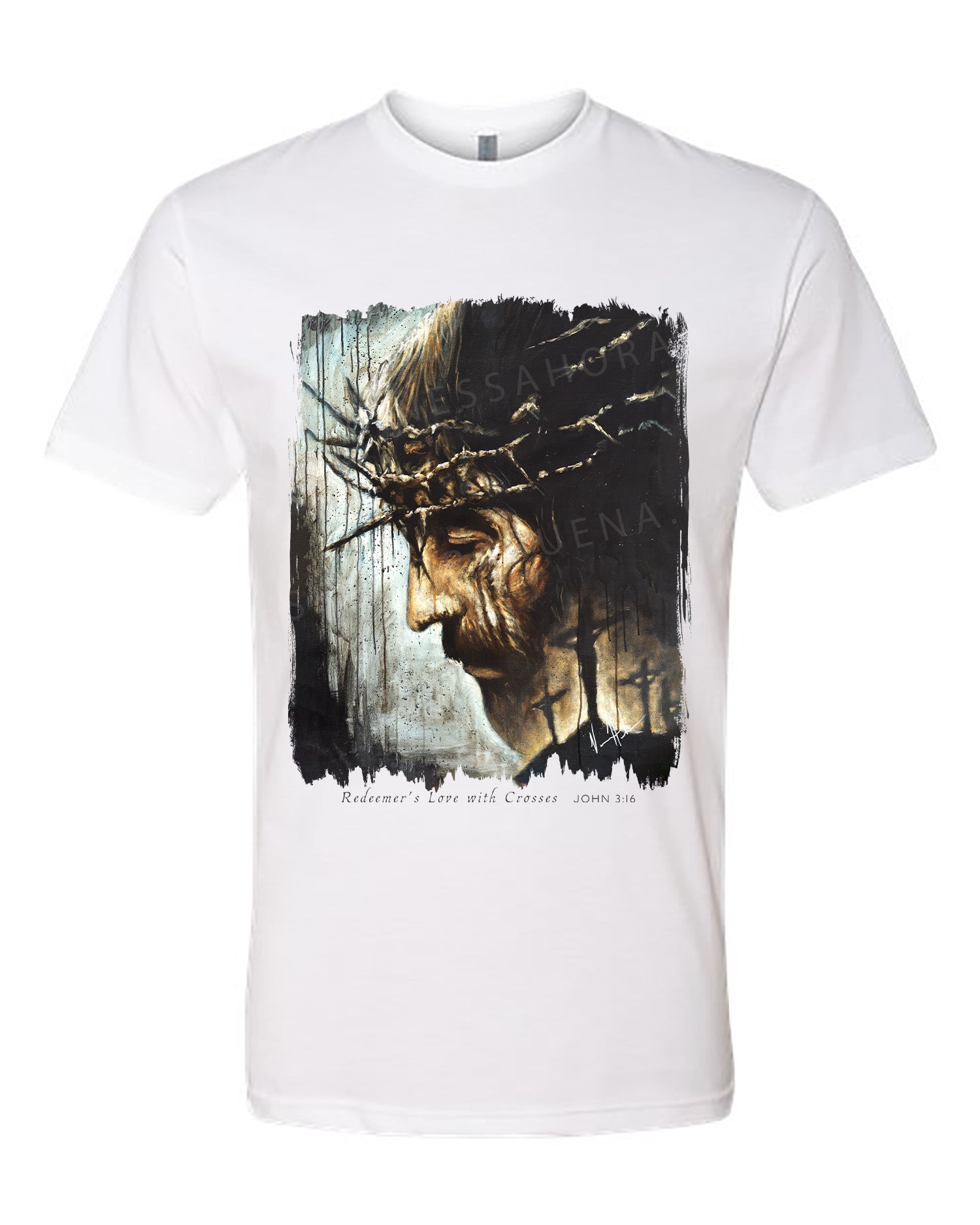 Redeemer's Love with Crosses - Unisex T-Shirt Poly-Blend Vanessa Horabuena Short Sleeve White Small